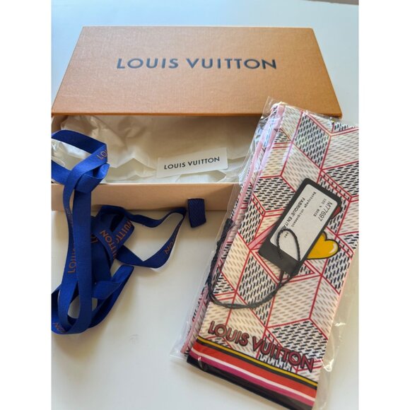 NEW! Louis Vuitton Azure Blue 100% Silk Damier Pop Up Print Bandeau Scarf M77697 - Picture 1 of 9